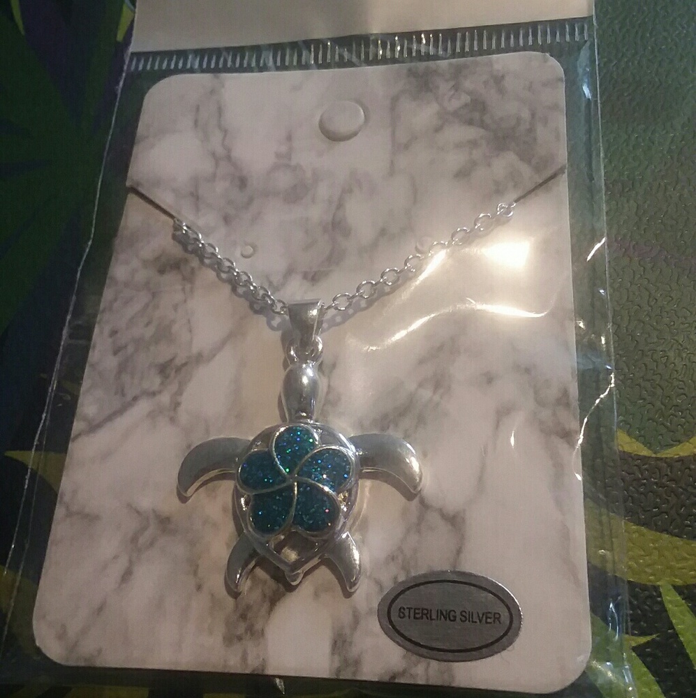 925* Blue Sea Turtle Pendant Necklace, stamped